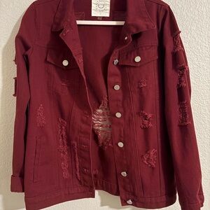 Fantastic Fawn Burgundy Distressed Jean Jacket